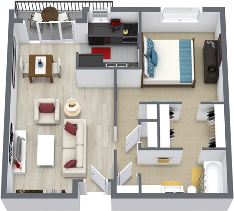 Floor plan for 1 bed, 1 bath, 701 sqft